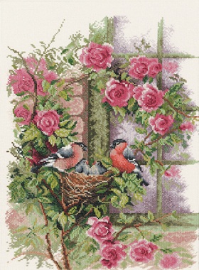 Nesting birds in rambler rose by Lanarte