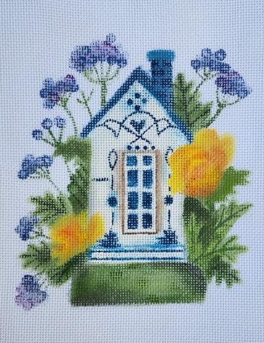 House with White and Yellow flowers needlepoint canvas